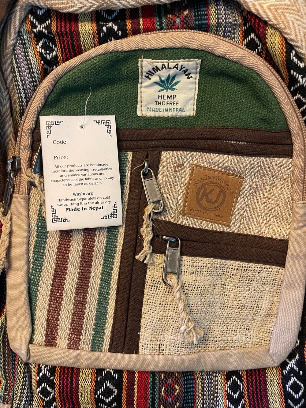 KayJayStyles Handmade Multicolor Hemp Backpack with Green Accent - Picture 4 of 8